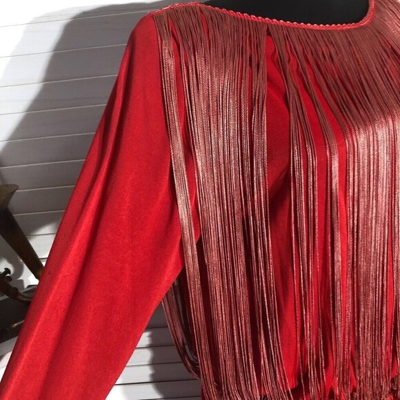 Vintage rare 70s Red Fringe 20s Flapper style elegant Cocktail Dress Sz L - Picture 7 of 13